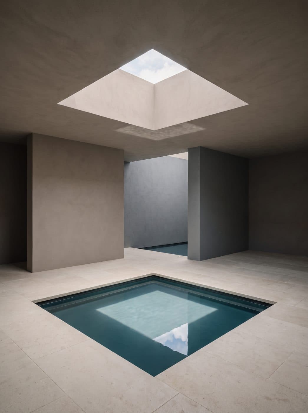 Atrium mit Öffnung im Dach, darunter ein kleines quadratisches Wasserbecken, in dem sich der Himmel spiegelt